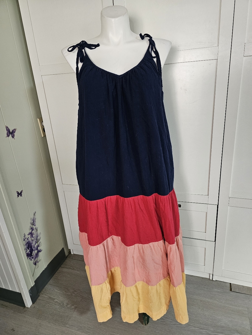 Old Navy Color Block Maxi Dress Large L Sleeveless Tassel Tiered Cotton Boho Sun